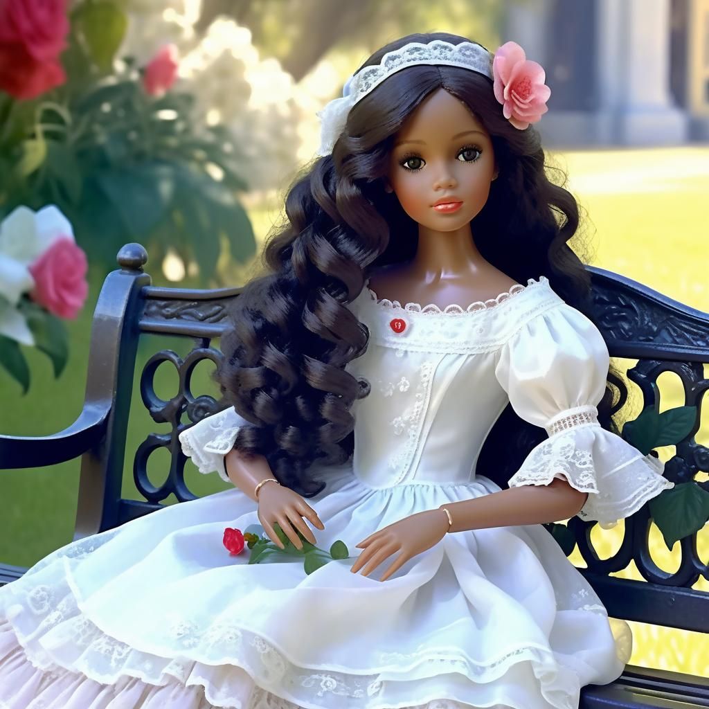 Beautiful doll with dark long curls, in southern belle fashi...