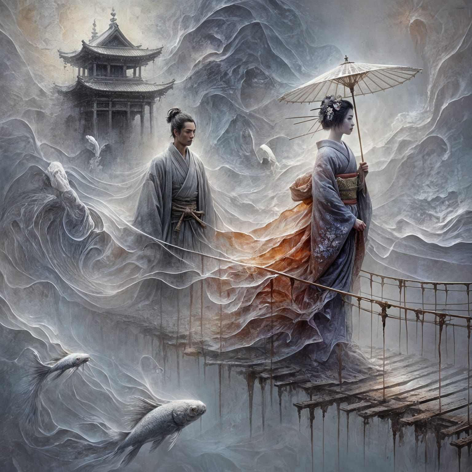 A dreamlike closeup of the samurai and geisha crossing a bridge made of smoke and paper into a half-ruined, floating temple. The samurai’s f...