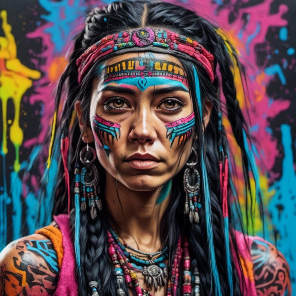 Hyperrealistic beautiful tribal 20 year old woman long black hair <lora:Neon Tattoo:1.0> 