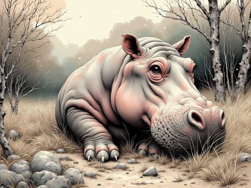 <lora:HRH-moody-inks v2:1.0> Happy hippo style of holly hobbie, moody ink, hyper detailed , grunge