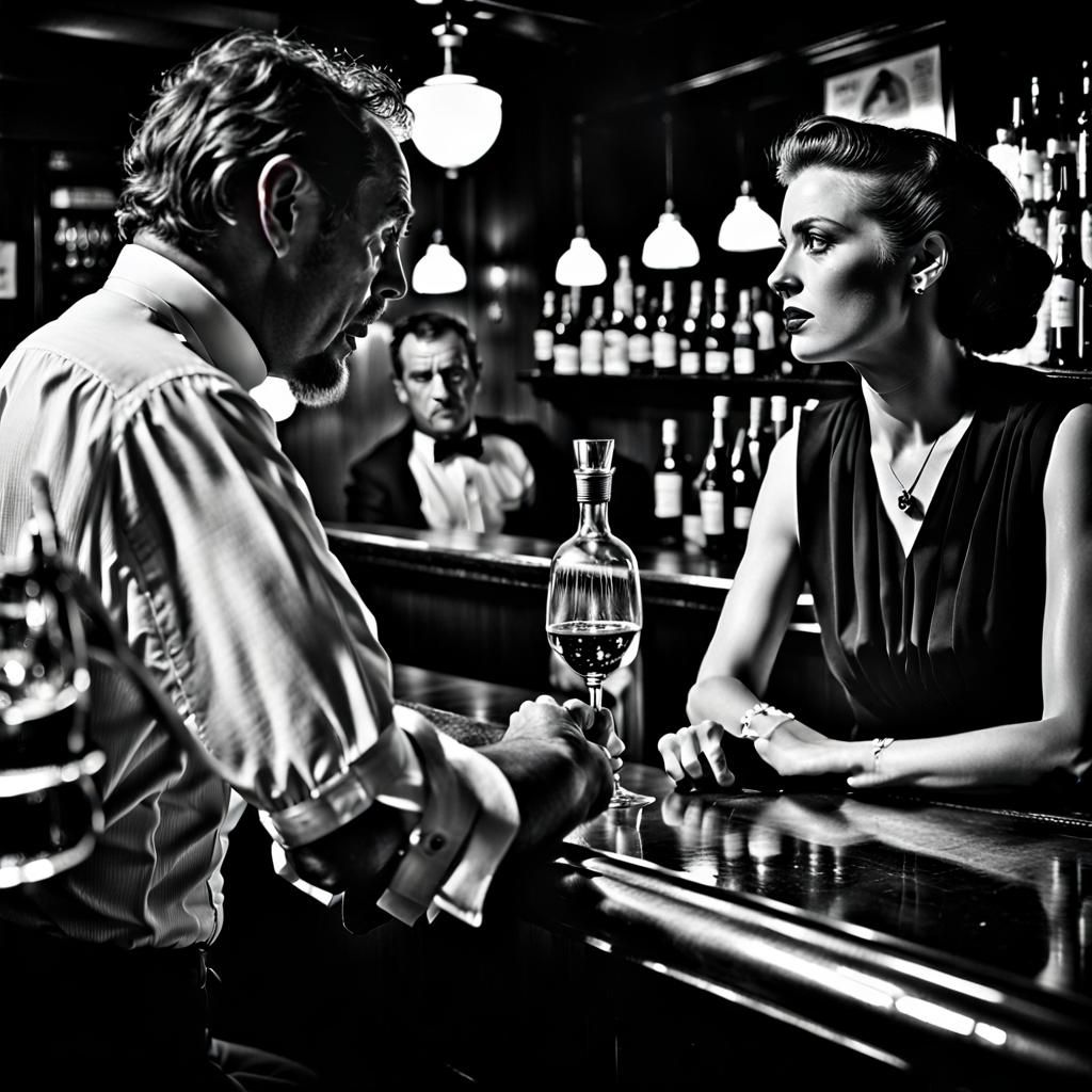 Noir film 50's style, photo realistic :: in a bar , a exhausted bar-tender man , white shirt, very detailed, ...  by @Eric Lacomblez