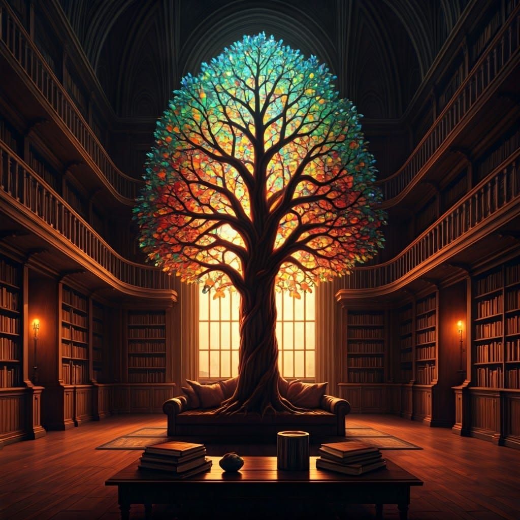 Majestic Library with Stained Glass Tree in Hyperrealism