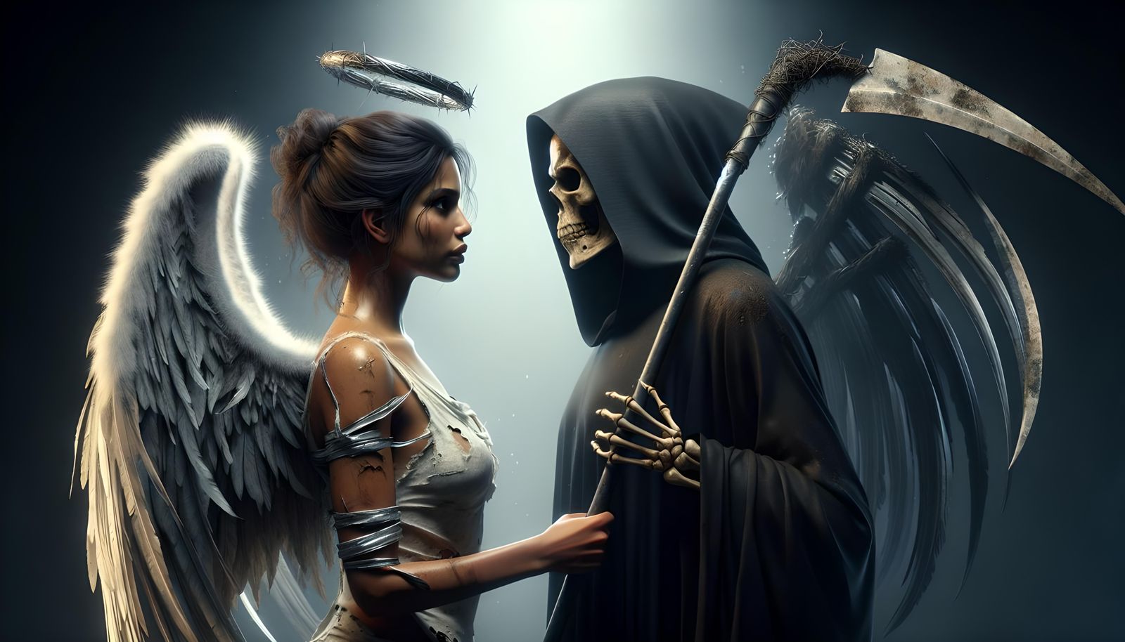on the left a female angel with a broken metal halo, she is ...