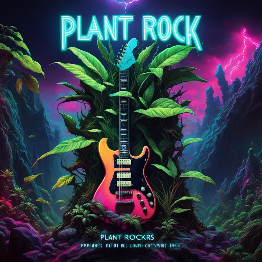 "Plant rock"album cover banner art", Plants with guitars, The title "Plant Rockers" is written in bold, ...  by @REWnSC62