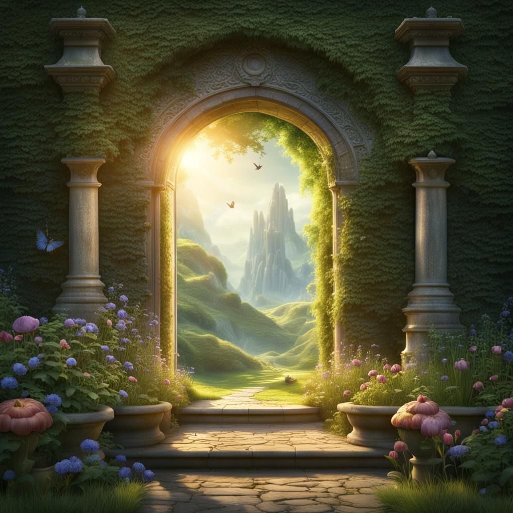 magical portal to a secret garden, detailed, beautiful, matt...