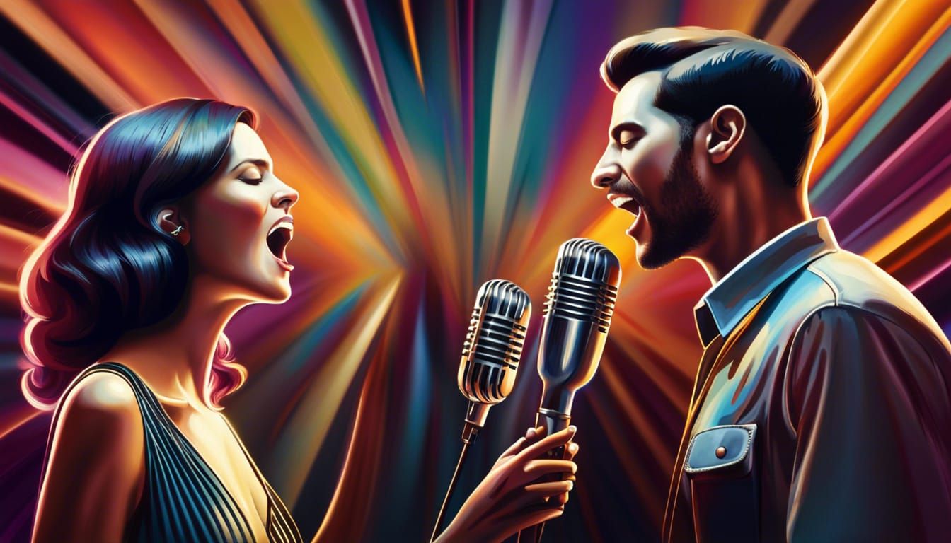 man and woman singing duet, microphones, sharp focus photorealism blur psychedelic backgrounds guitars drums pianos