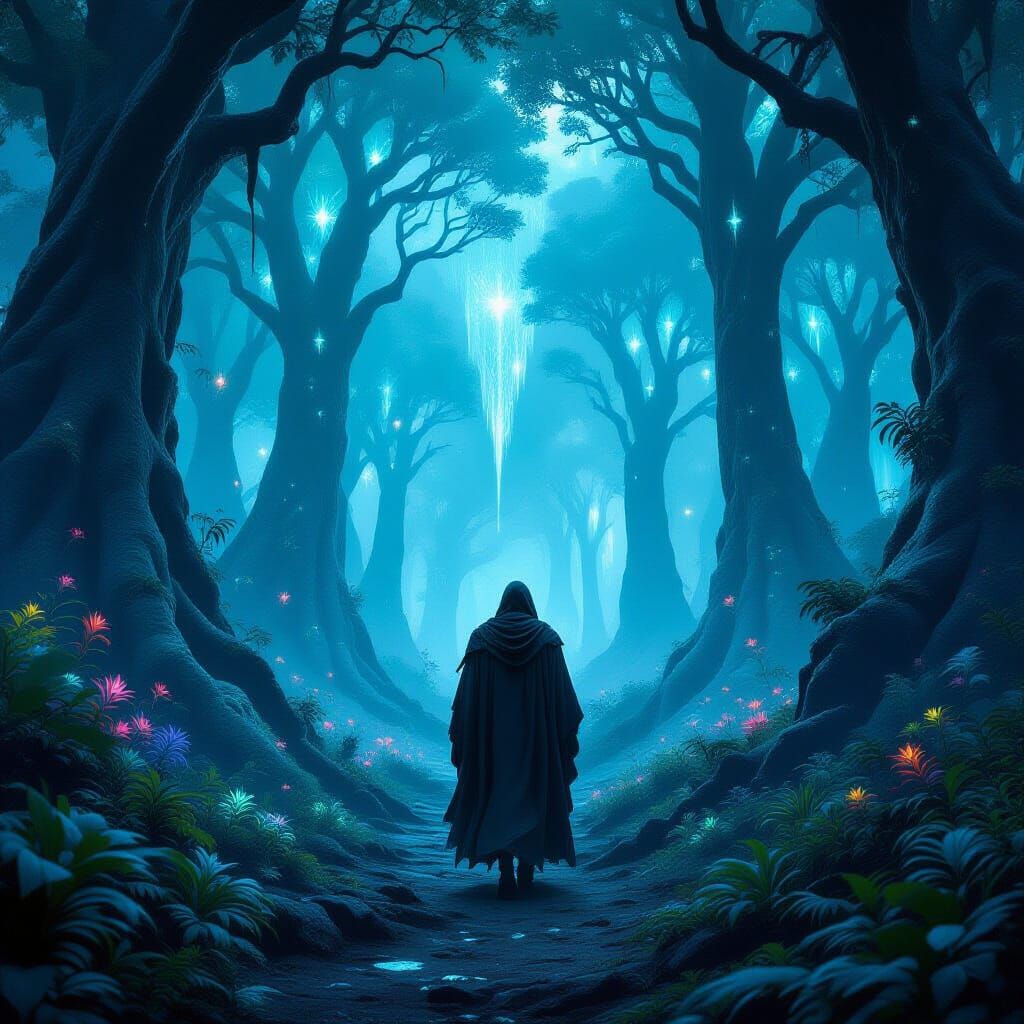 A bioluminescent forest on an alien planet, with towering trees that emit a soft, ethereal glow, illuminating the strange flora and fauna th...