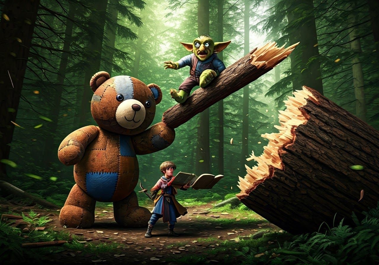 Warped Angel foreshortening Close up on midair goblin hit by giant ripped off log bat, large teddy bear using ripped log bat to hit body of...