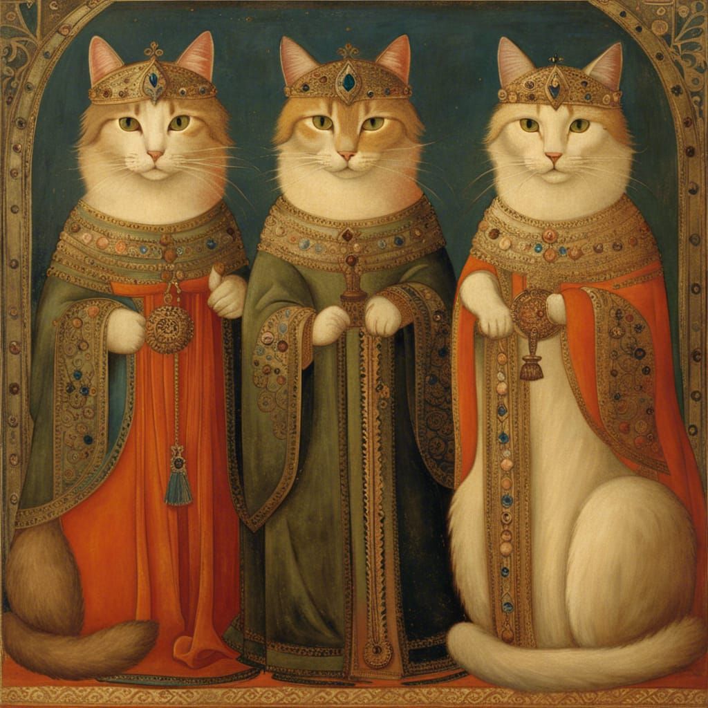 Painting 3 longhaired cats with ornate crowns, elegant robes, detailed