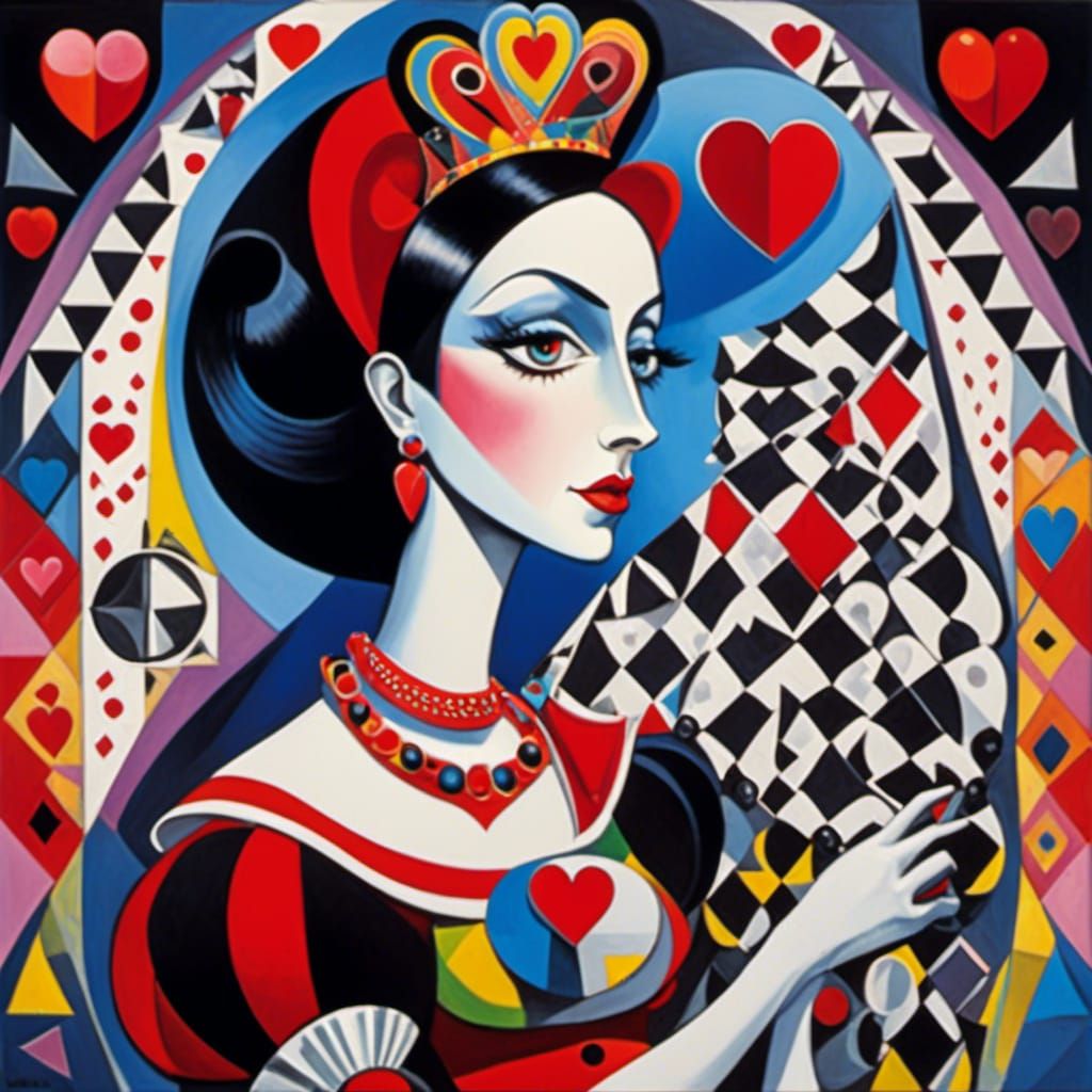 colorful portrait, beautiful queen of hearts, <lora:WhimsicalCubism:0.6> Picasso, Tim Burton, Gino Severini 