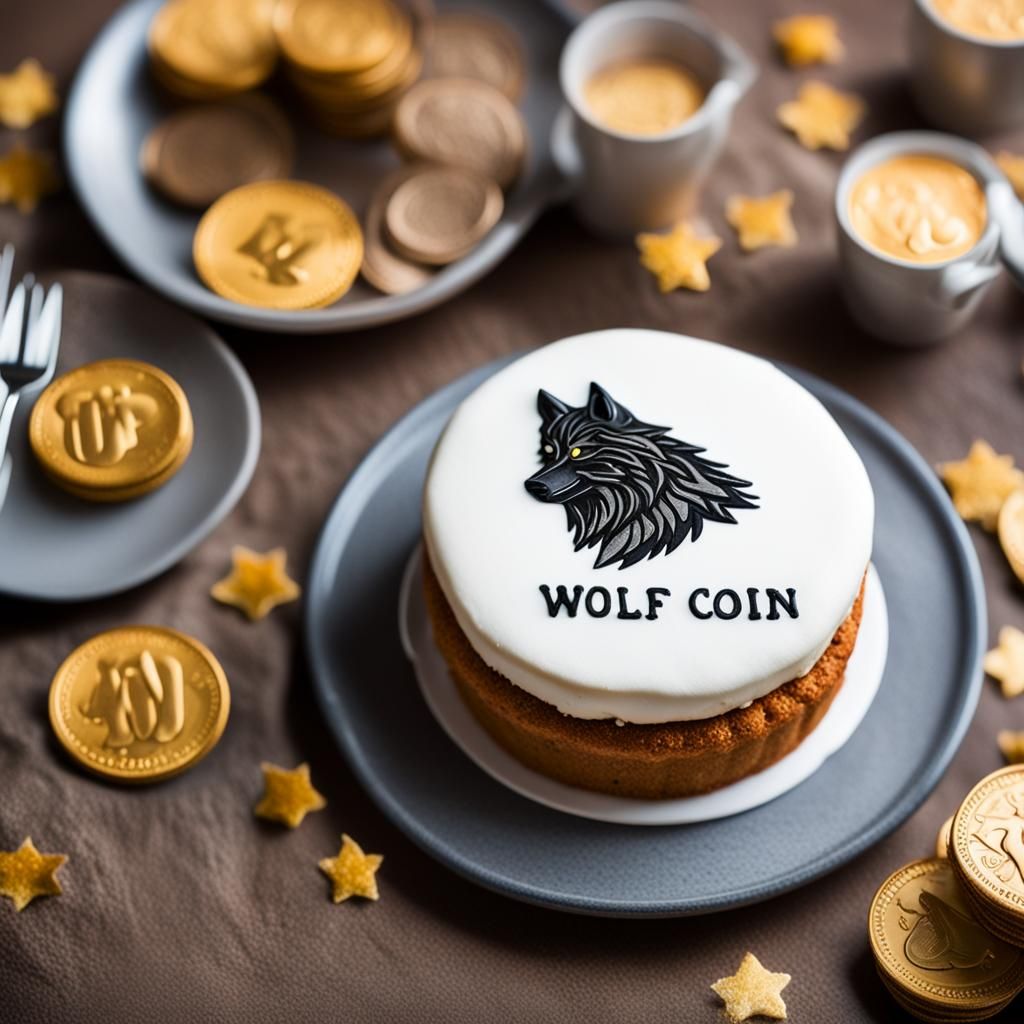 Make a cake with the phrase 'wolf coin' written on it
