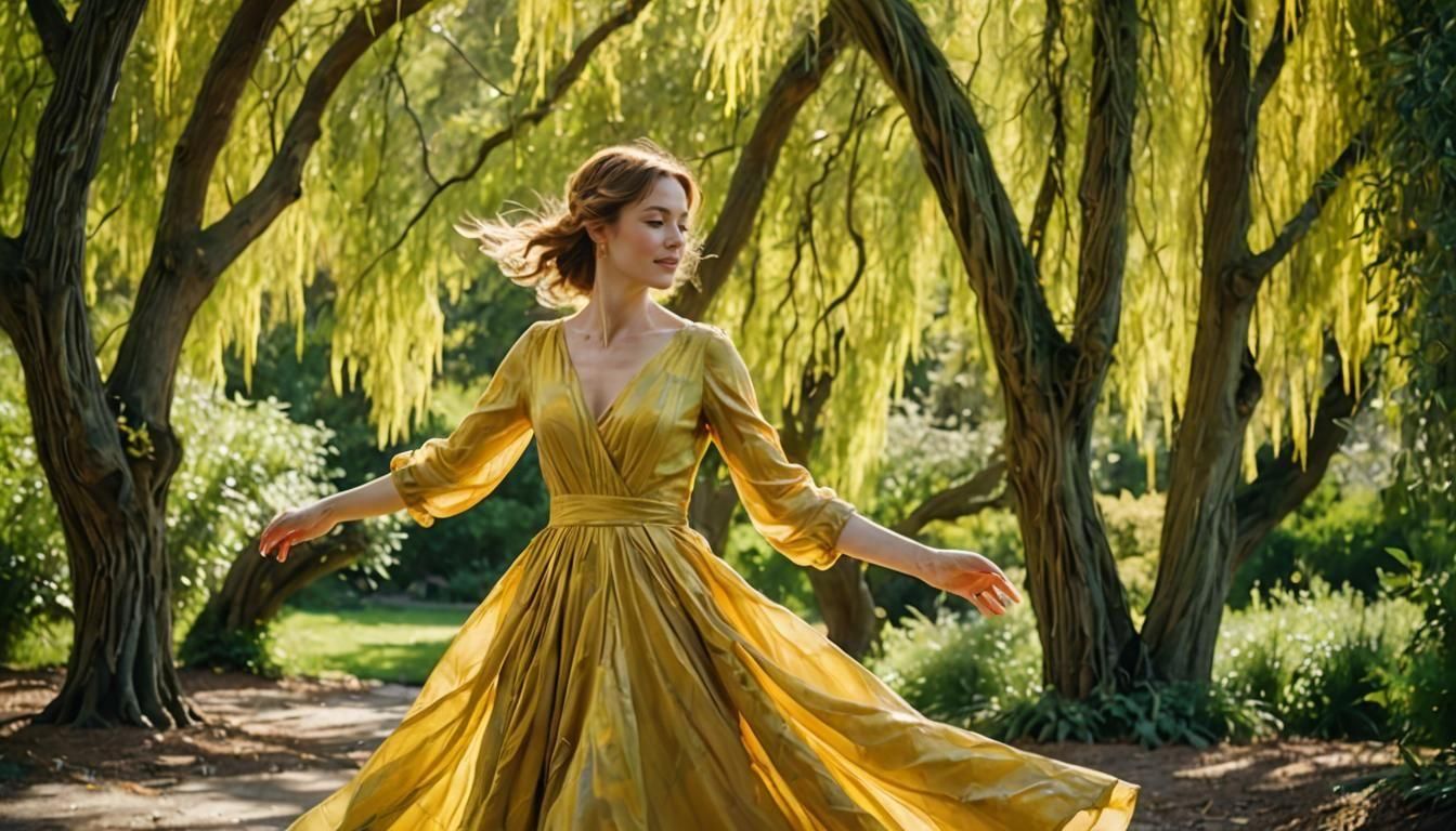 Woman wearing a yellow taffeta dress, dancing between willow...