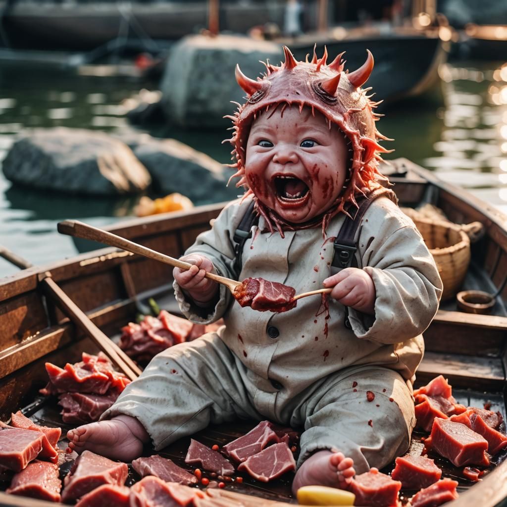 Fat happy monster baby eating raw meat in a boat