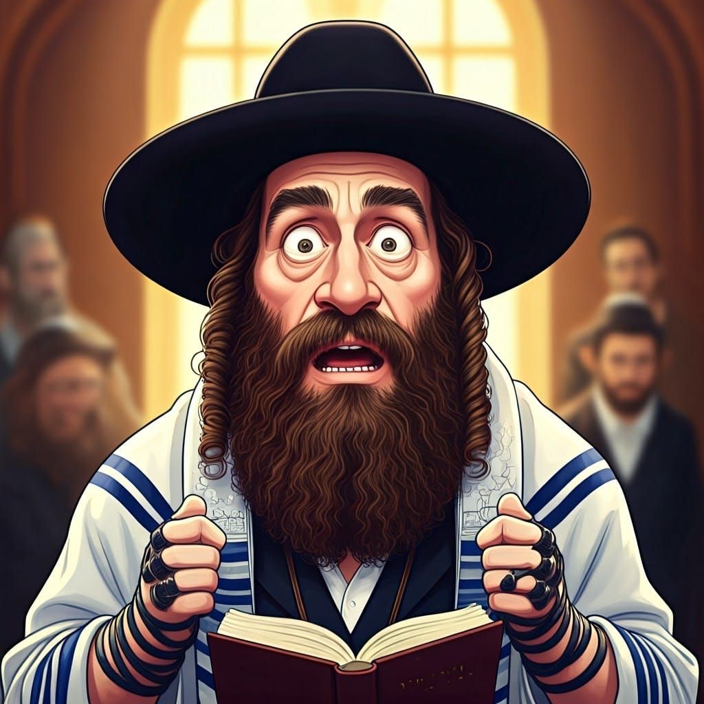 Orthodox Jew Prays with Tefillin in a Lighthearted Cartoon S...