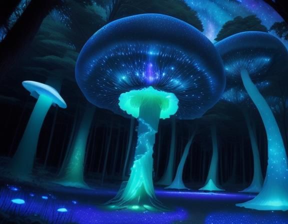 <lora:Neon Glow:1.0> Fantastical Bioluminescent Forest with a glowing Galaxy Sky