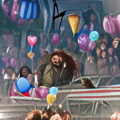 Hagrid having fun at the carnival holding a balloon