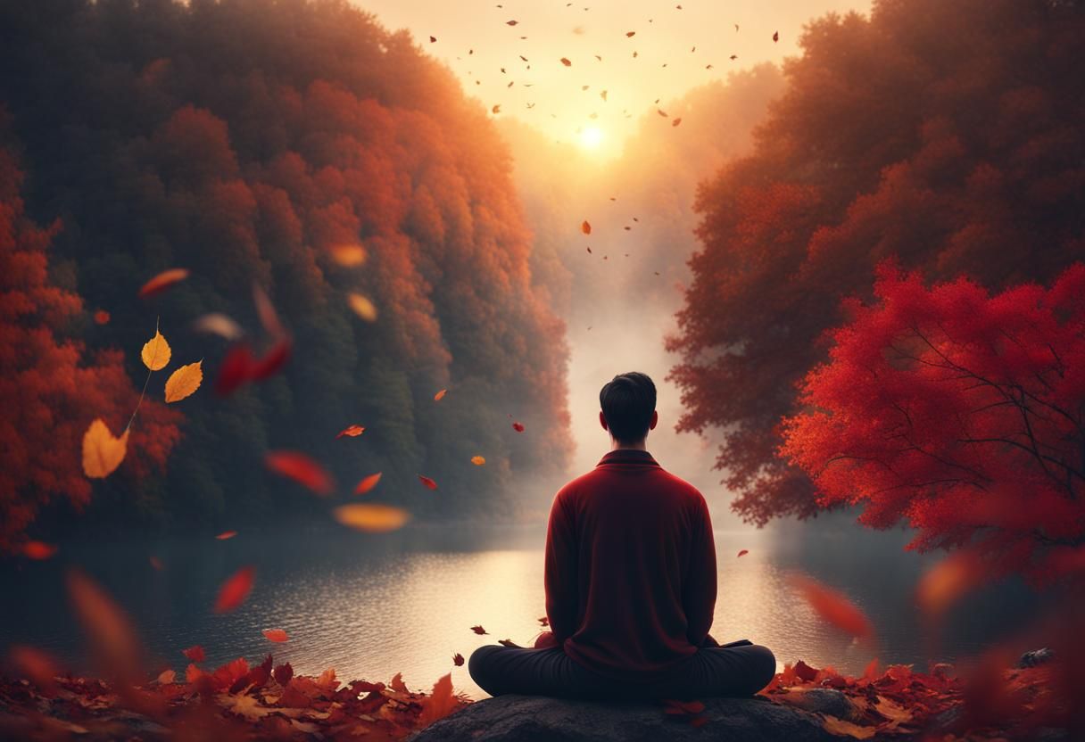 a dark hair man in red sitting meditation, autumn forest, falling yellow leaves, sunrise, view from behind, perfect comp...