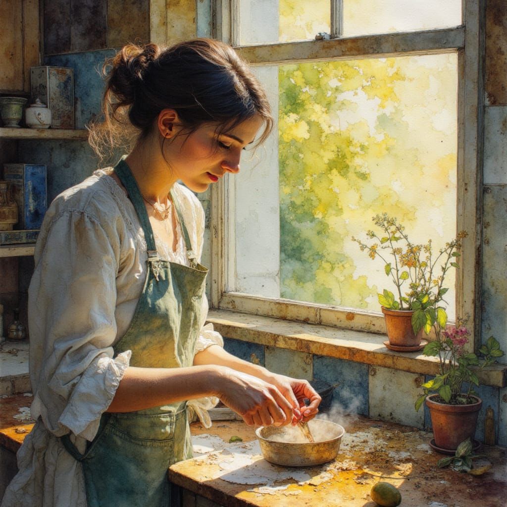 <lora:Neurographic Ink - 2:1.0> Detailed watercolour alcohol Inks painting, of young woman, working in kitchen, dappled morning sunlight com...