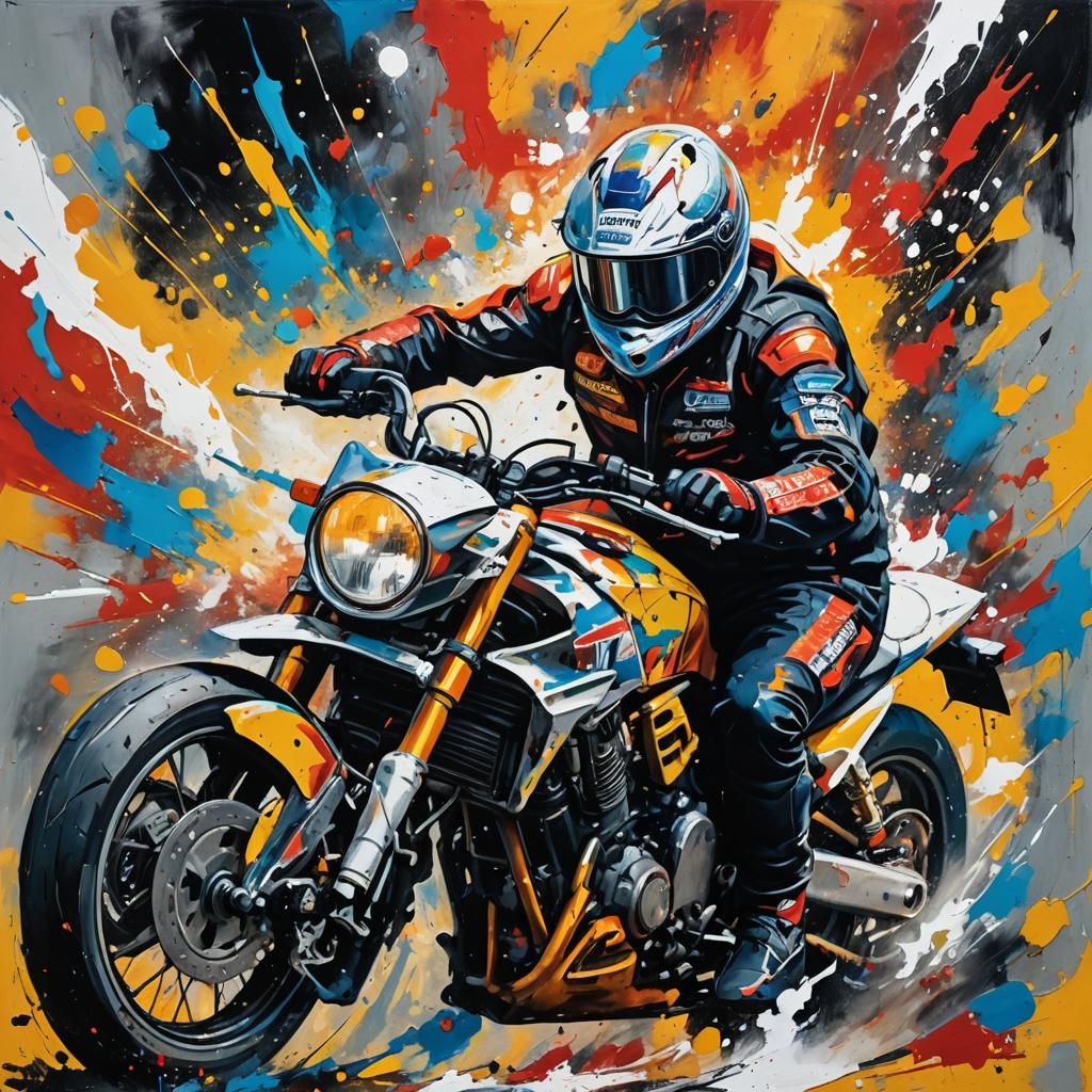 Motorcycle Race in Abstract Expressionism with Vibrant Brush...