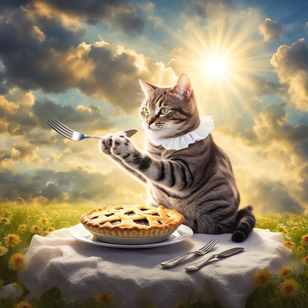 a cat eating a pie with a fork