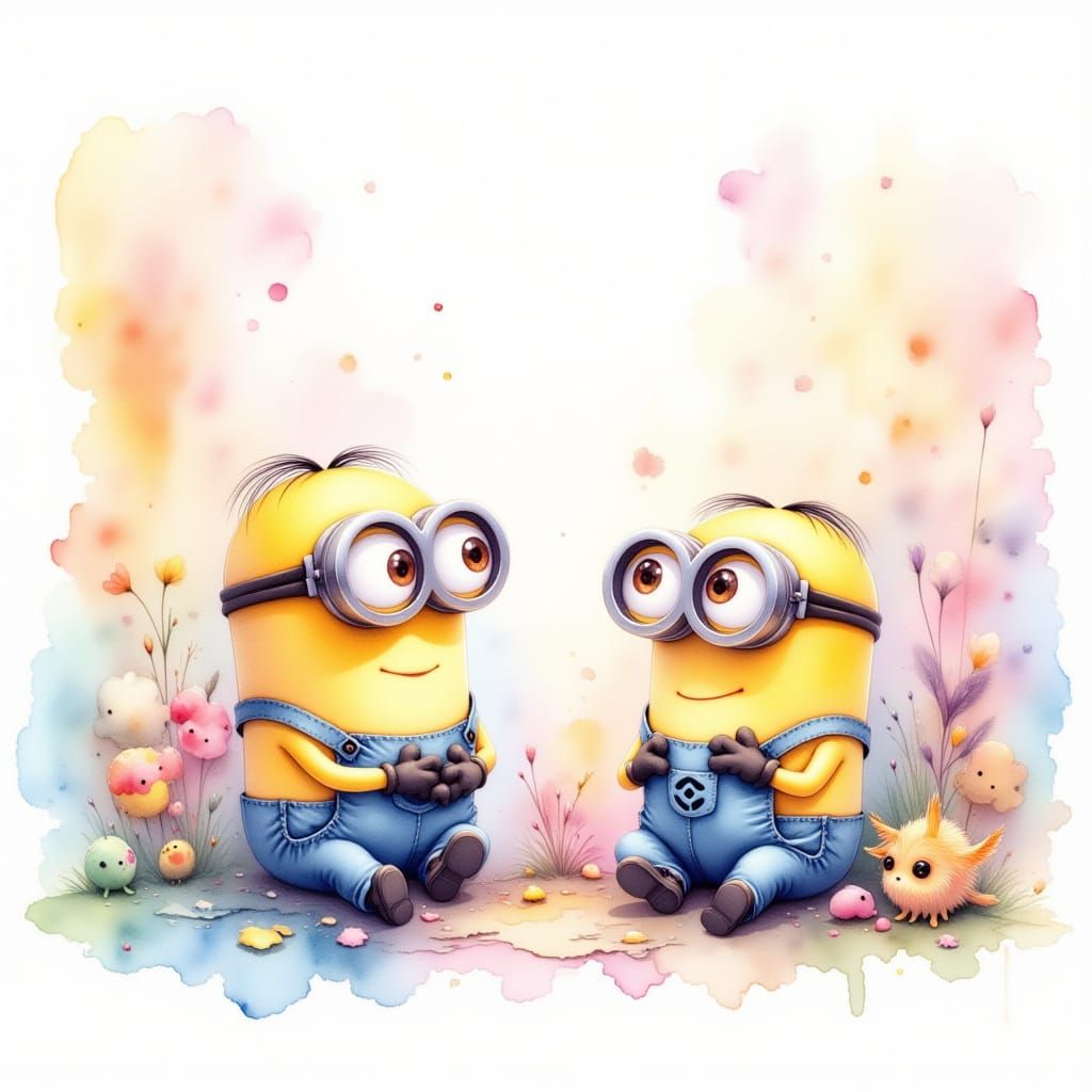 <lora:whimsical minions:1.0> cute adorable minions, talking with cute monsters, watercolor whimsical,pastel palette,bleeding colors,Yoshitak...