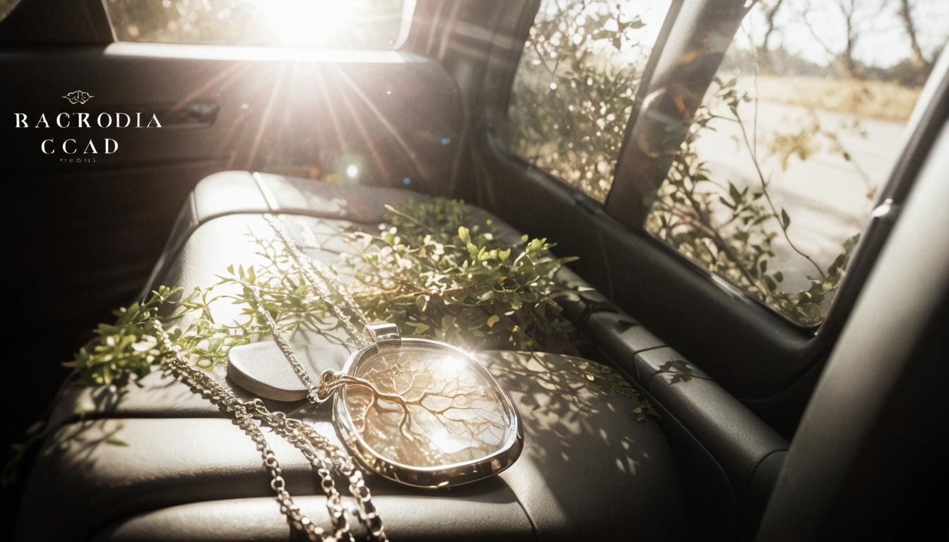 hiper realistic  detailed pendant on the seat of a car, the shadow of the tree branches blends with the light that fills the vehicle's windo...
