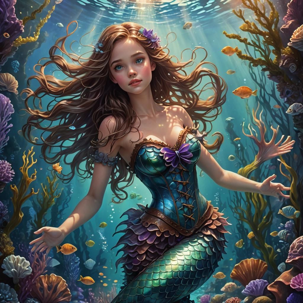 Mermaid in Art Nouveau Underwater Scene
