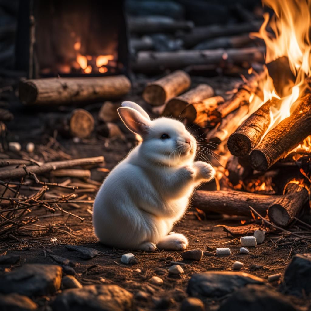 Fluffy bunny golding a marshmallow sitting by a camp fire.