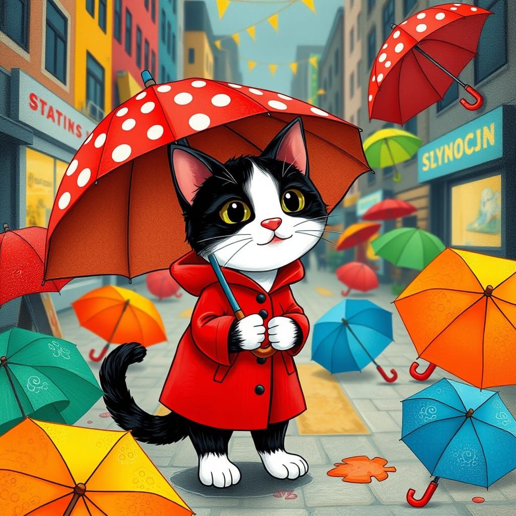 Whimsical Kawaii Cat in Red Raincoat, Holding Polka Dot Umbr...