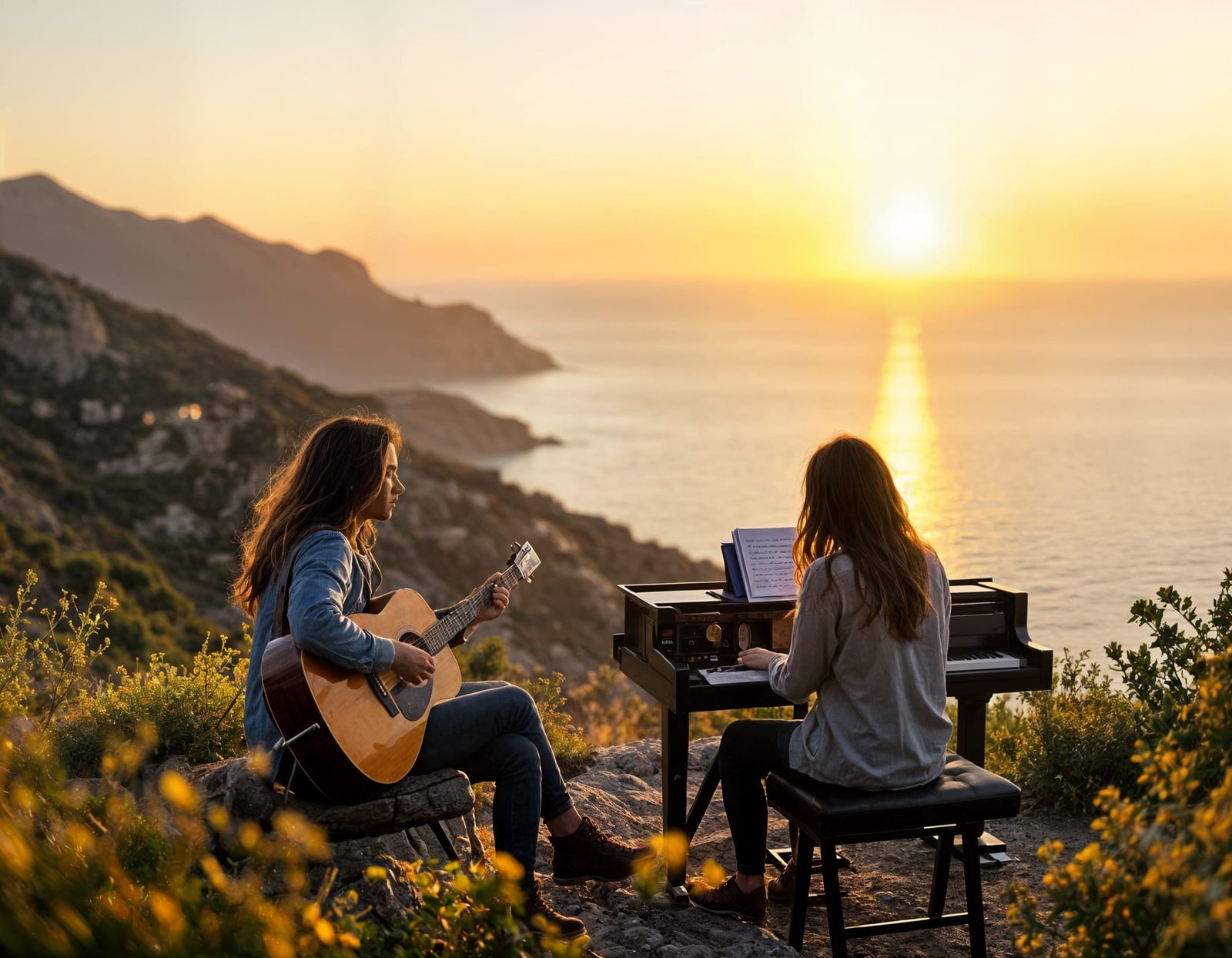 Two Friends Play Music on Mountain at Sunrise