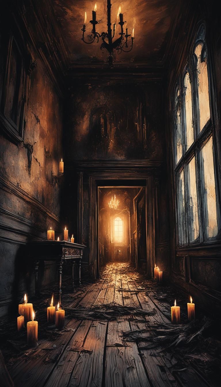 💌 A haunted house interior, crumbling floorboards, ghostly apparitions and flickering candles.  by @Totoyew Majon