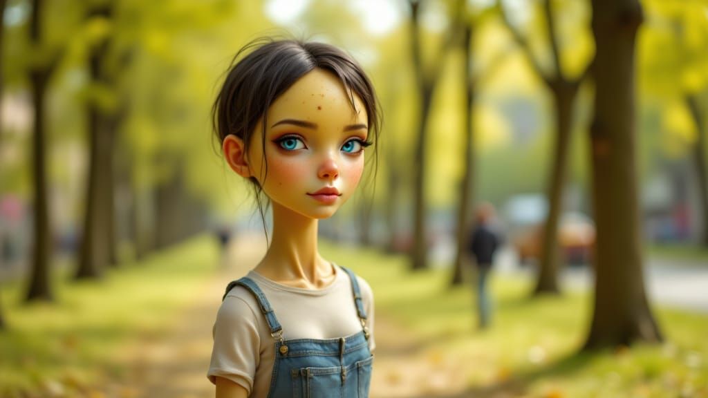 anthropomorphic humanoid potato woman, beautiful, 22 years old, thin, tall, skin like an unwashed potato, bright blue eyes, short black hair...