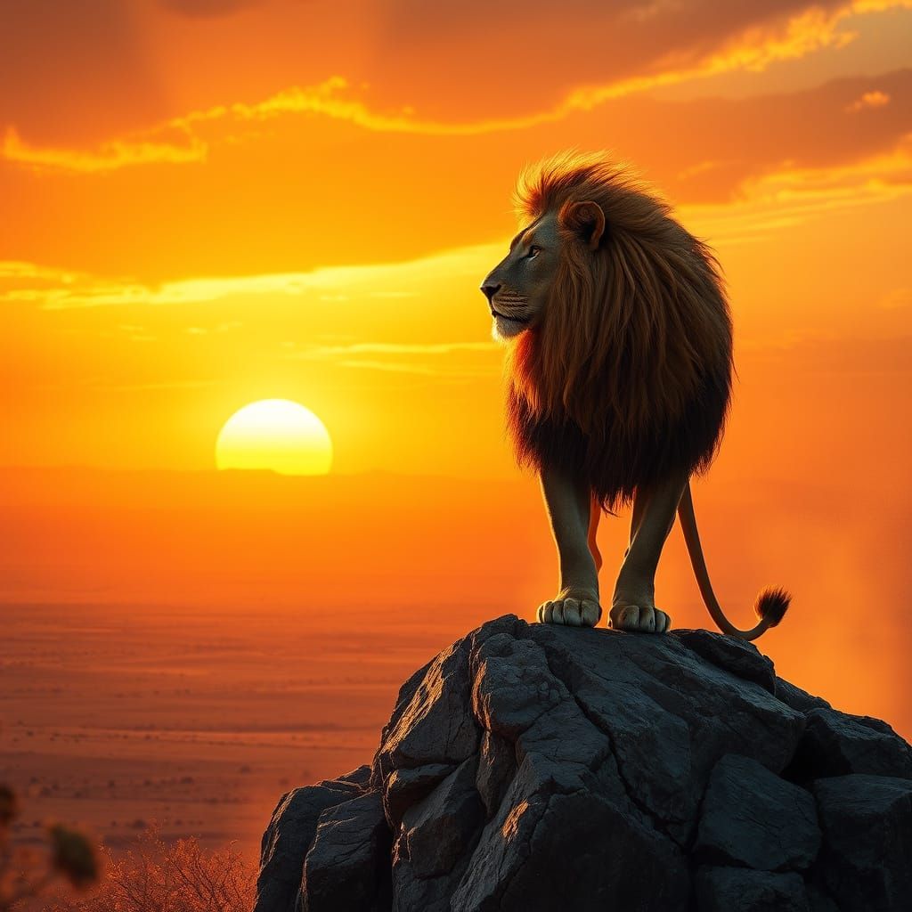 Majestic Lion at Desert Savanna Sunset