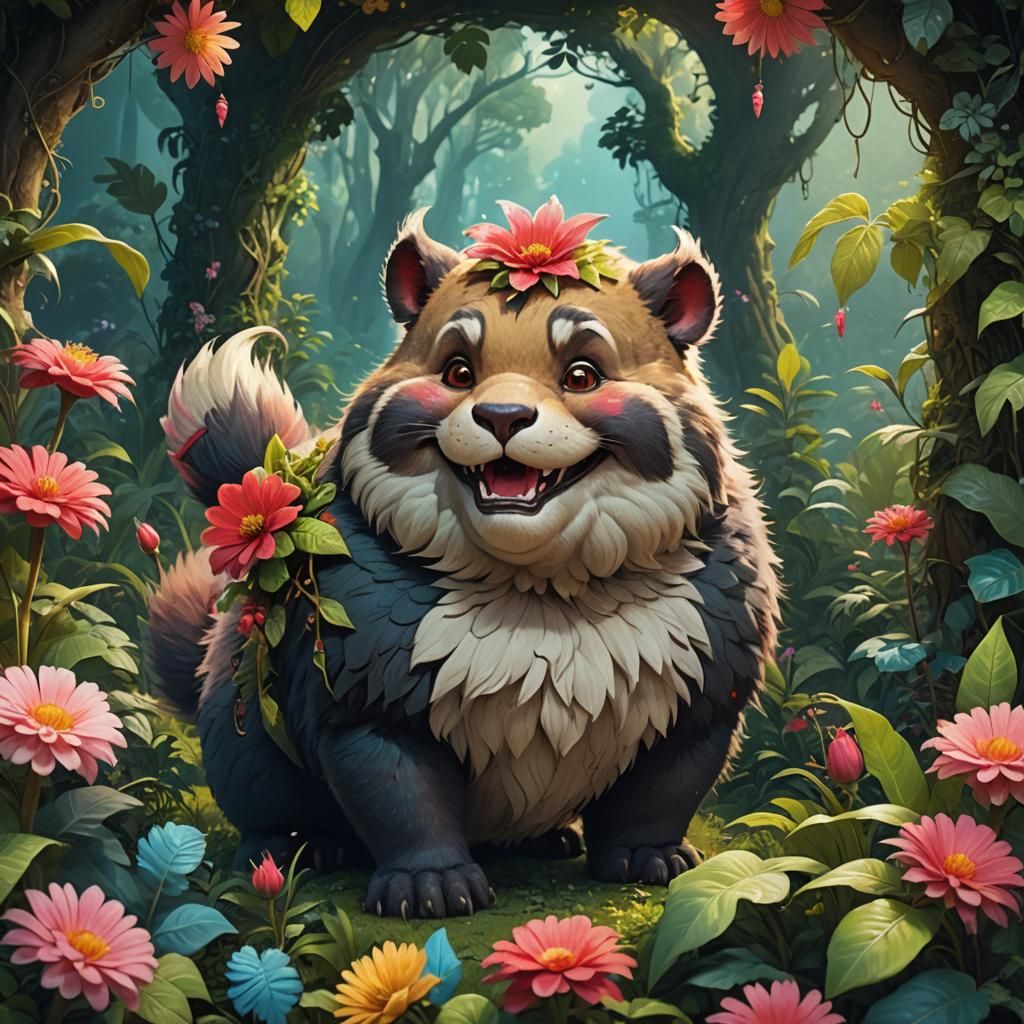 Chubby Smiling Creature in Lush Greenery