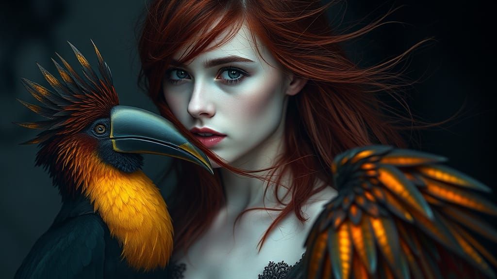 An ethereal red-haired woman with porcelain-pale skin and windswept, tousled hair, her soft bangs framing ...  by @Frank