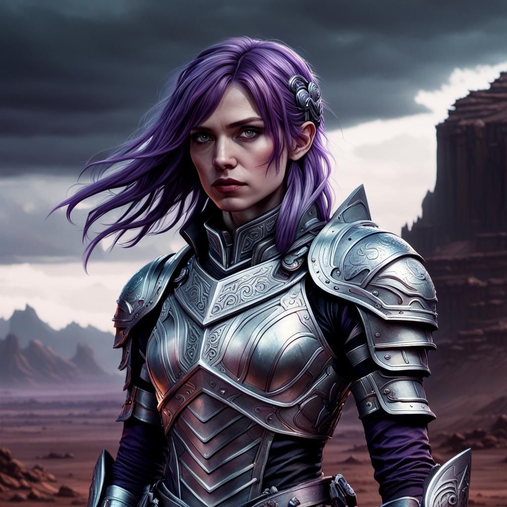 Purple haired female mage in silver armor Epic cinematic brilliant ...