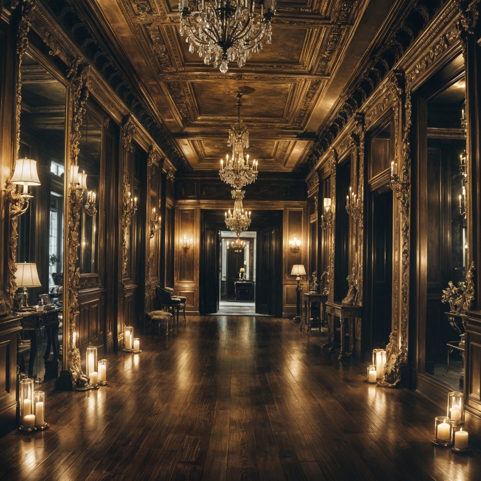 Mansion Corridor with Antique Mirrors in Cinematic Style