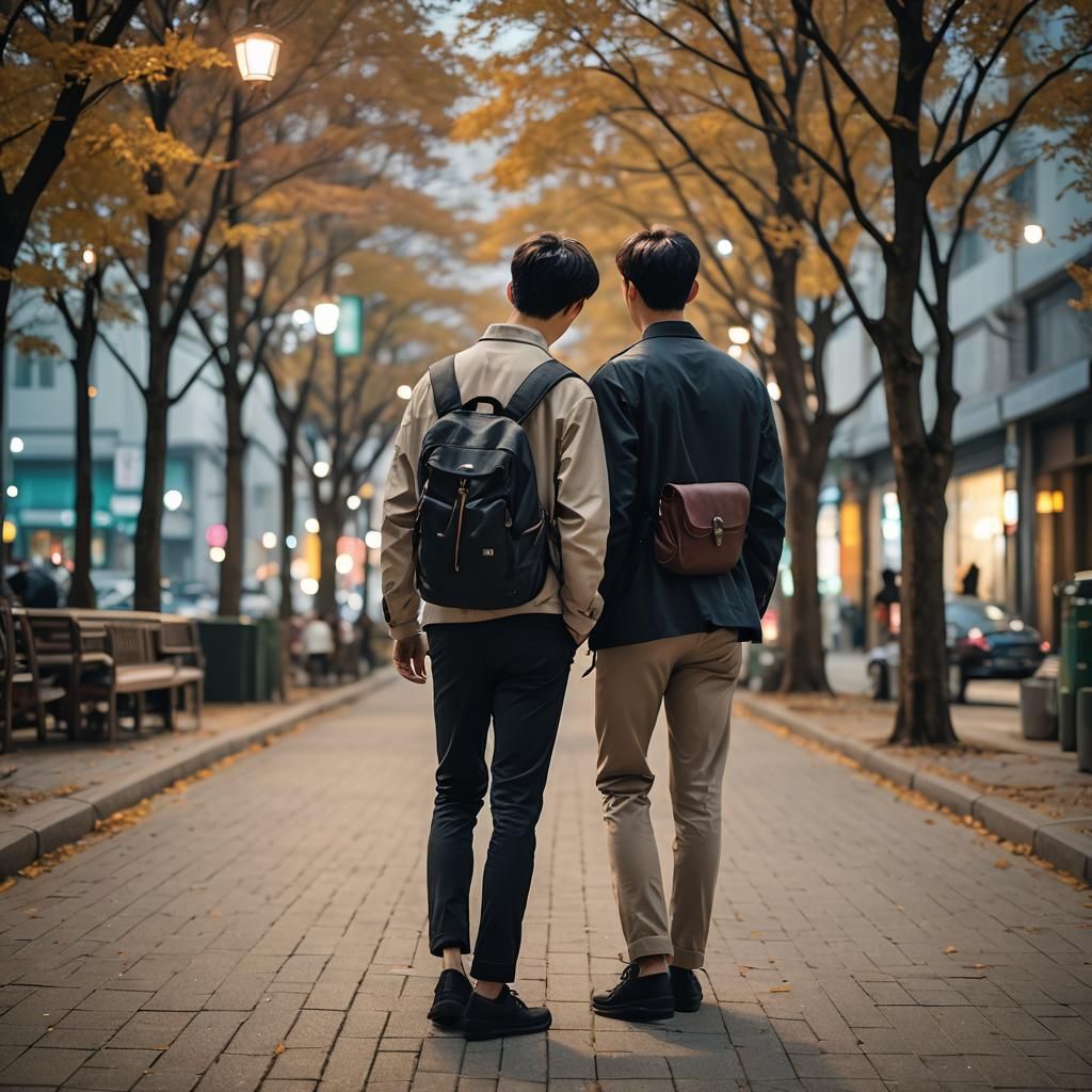 Only two young Korean men only seeing their backs in a dim a...