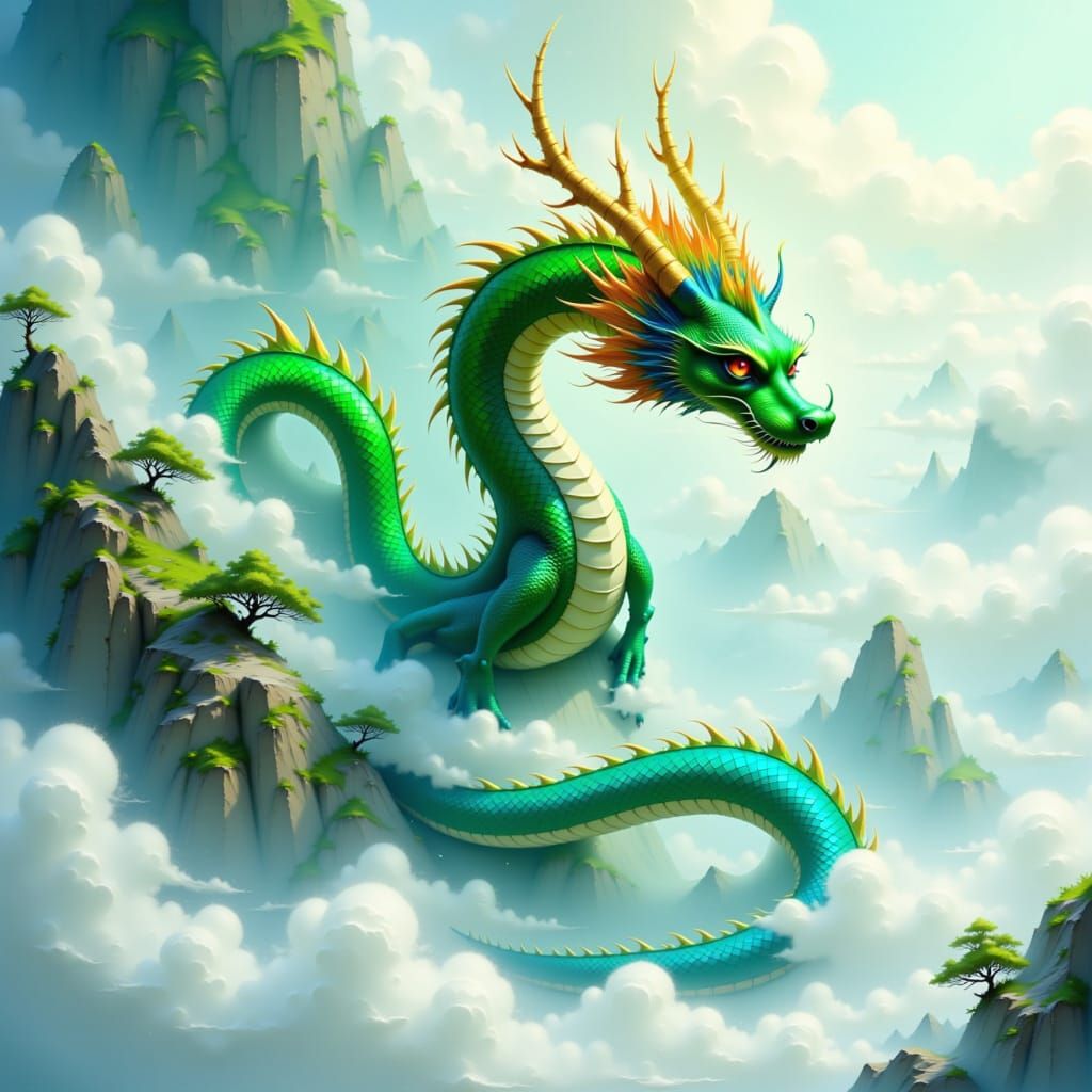 Majestic Asian dragon soaring among fluffy white clouds, its serpentine body winding through the misty atmosphere, with vibrant scales glist...