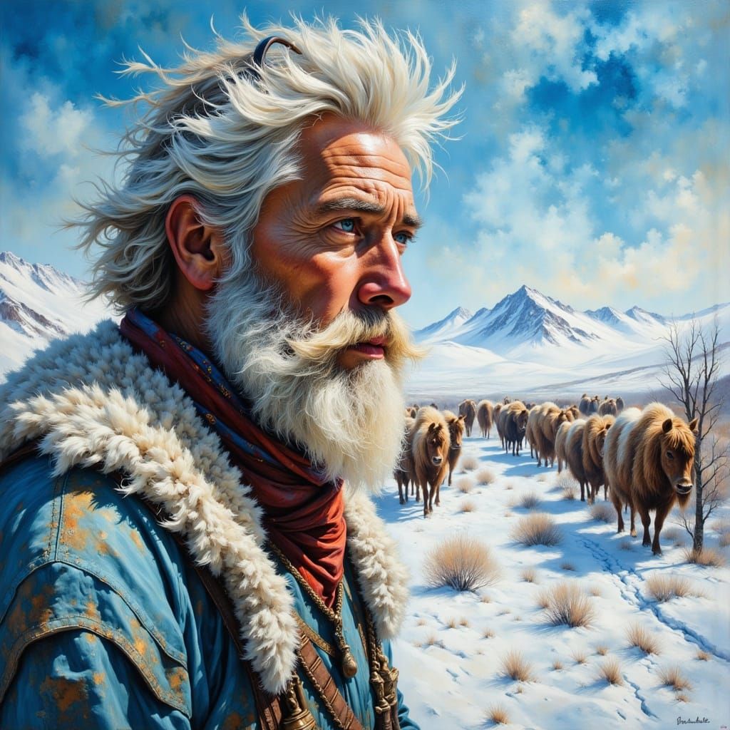Mongolian Herder in Ethereal Winter Landscape