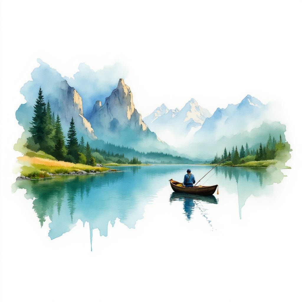 <lora:SoftWhite:1.0> 
Watercolor On White, a beautiful colorful mountain lake with a fisherman fishing on a wooden boat, watercolor light, ...