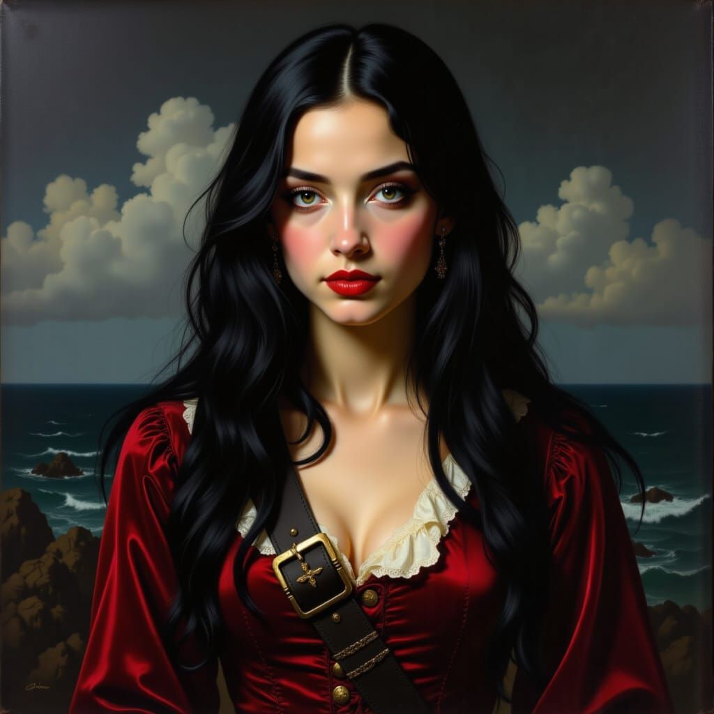<lora:Corte espanola:1.0> A black long haired aristocratic female pirate. Ocean dark background. Clouds. Face. Stunningly eyes. Painting. Sa...