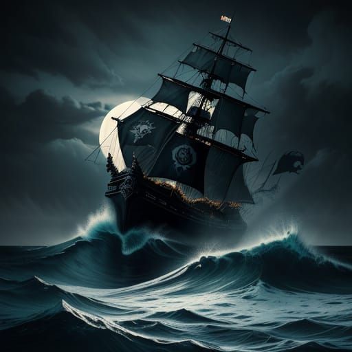 giant waves in the ocean on a dark and stormy night only illuminated by the moon. a pirate ship getting swept up by  the...
