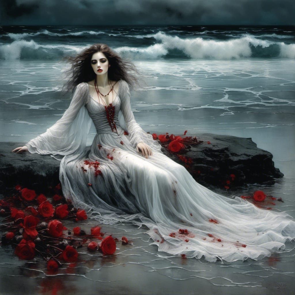 Gothic vampire girl in beautiful flowing gossamer diaphanous gown lying in the surf in moonlit bleak beach, romantic <lora:Gothic Romantics:...