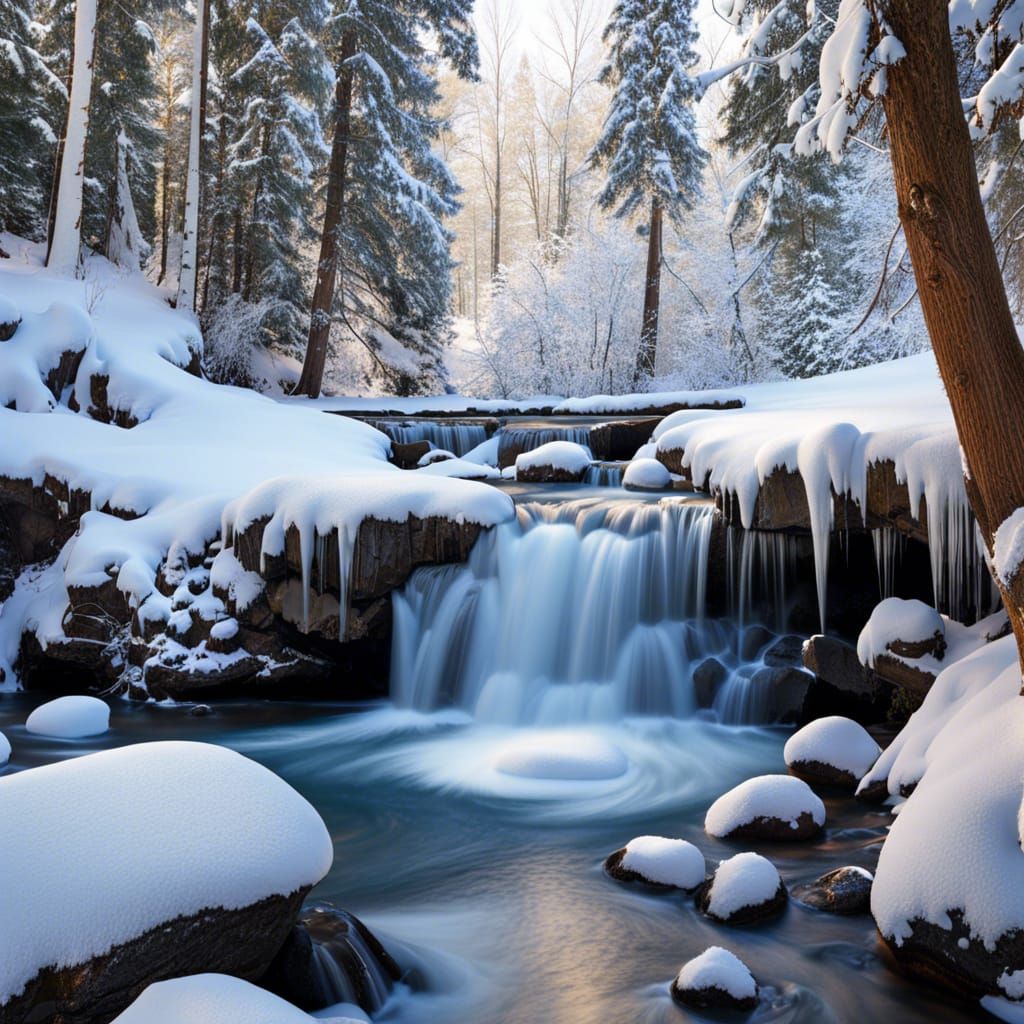 a snowy waterfall featuring a winter cascade and icy stream