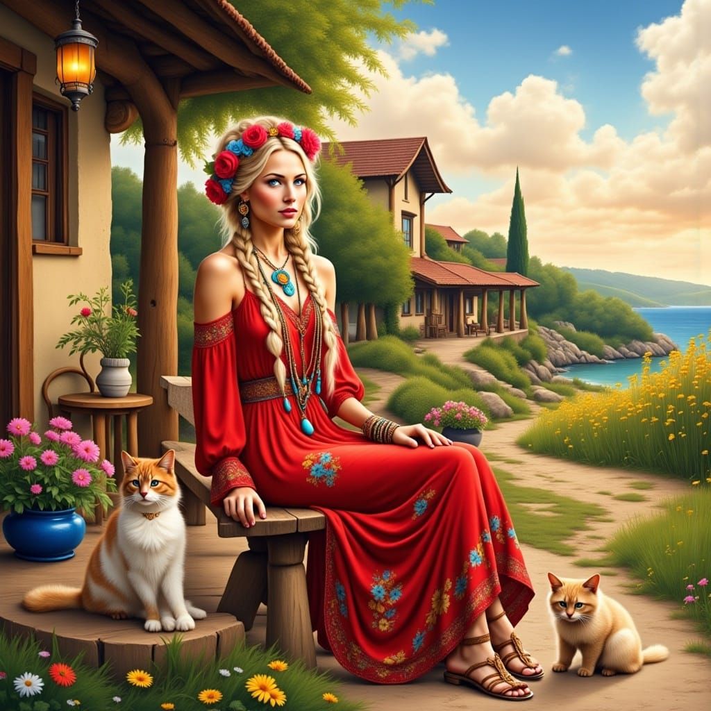 <lora:Hippie Flux:1.0> Hippie stunning woman, blond hair, Messy braids , red boho style dress, sitting on a wooden bench in front of the hou...