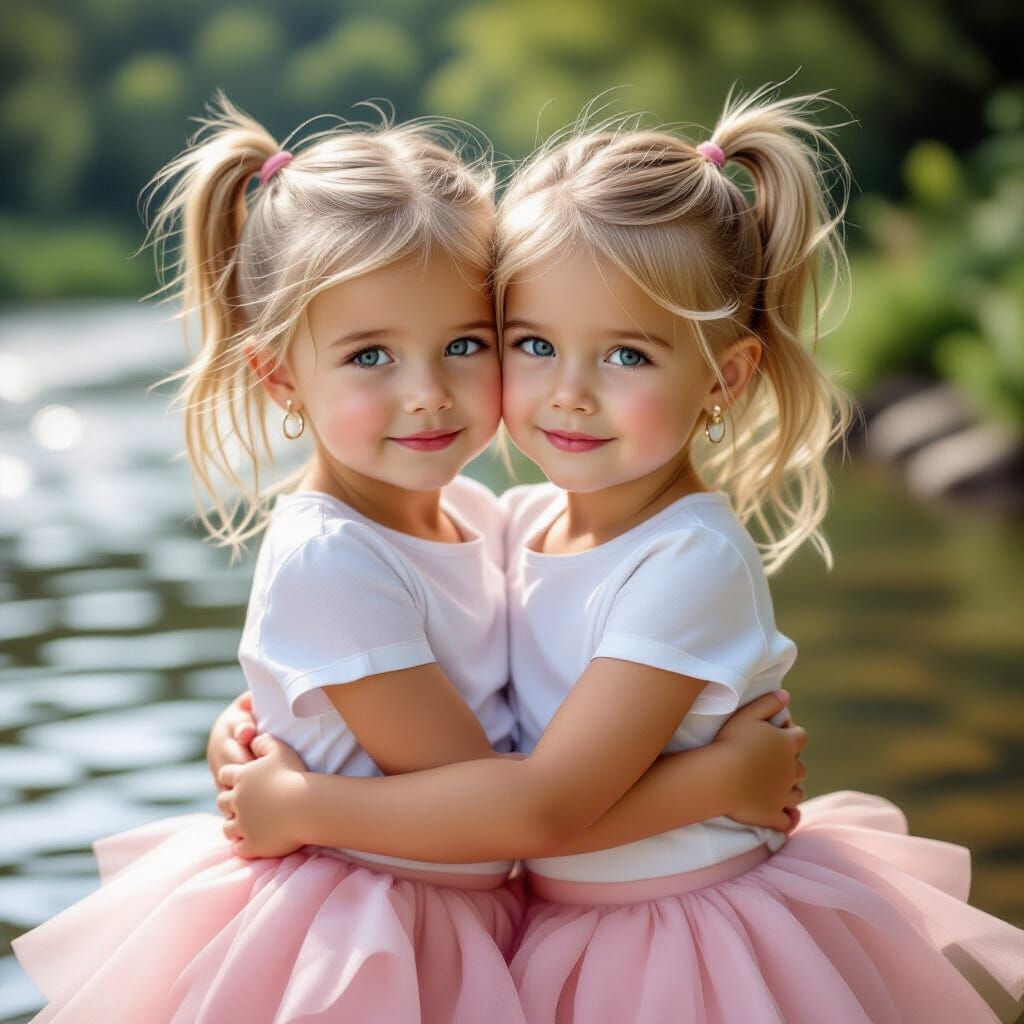 Twin Girls Hugging by River in Vibrant Cinematic Light