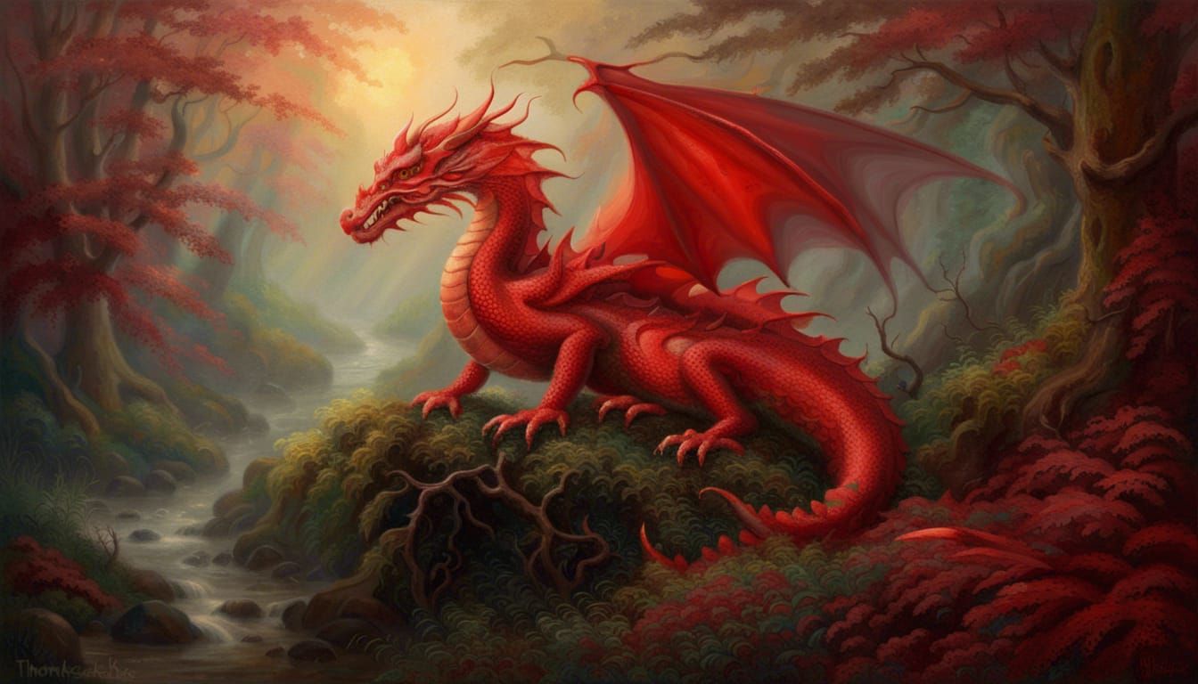 Beautiful red dragon, soft lighting, forest, painting in the...