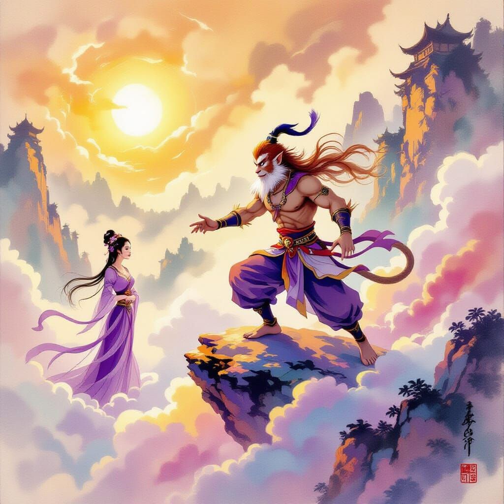 Sun Wukong on Colorful Cloud Pursuing Purple-Clad Fairy