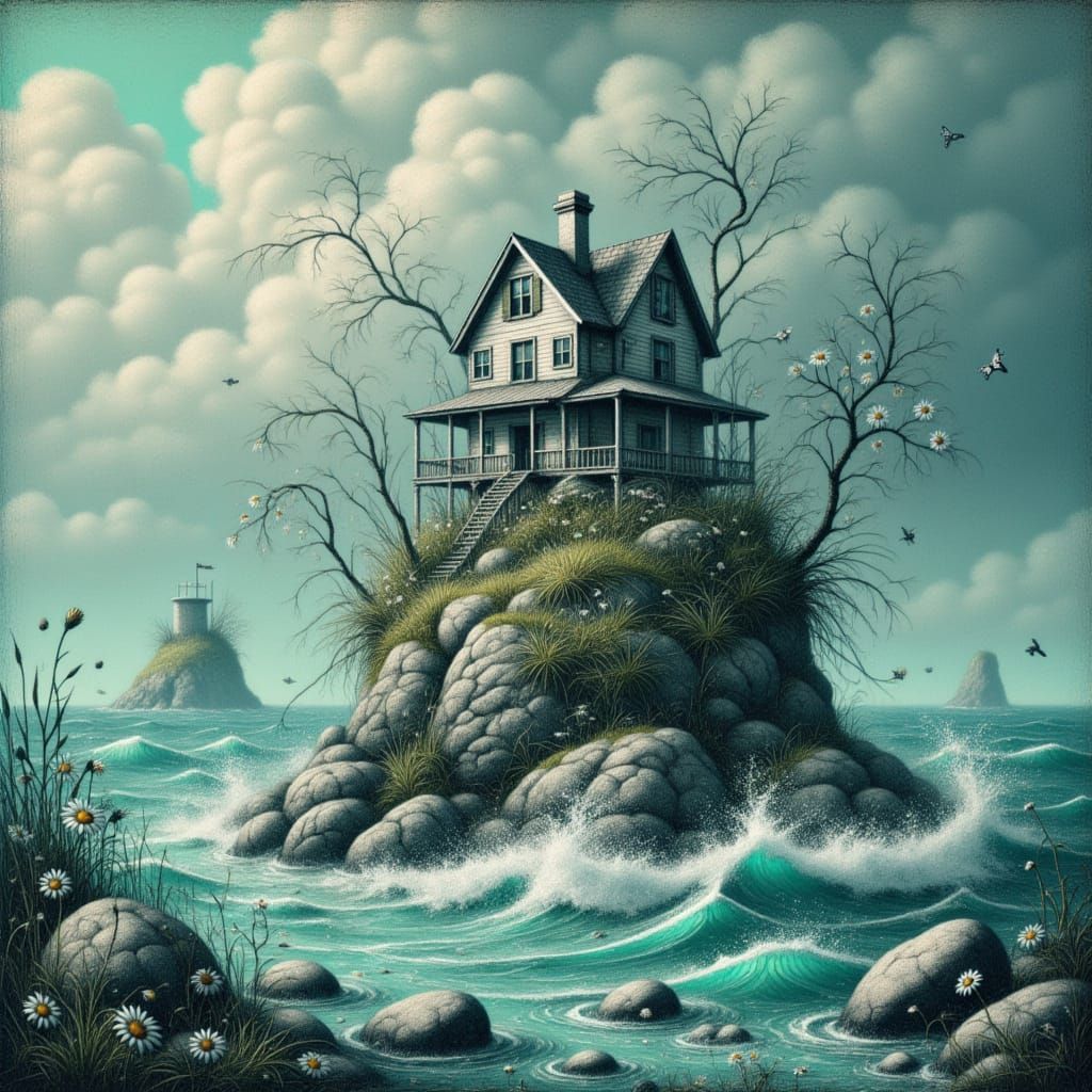 <lora:Pastel Patches:1.0> A multi-storey rickety old house on a tiny island in the middle of the ocean.